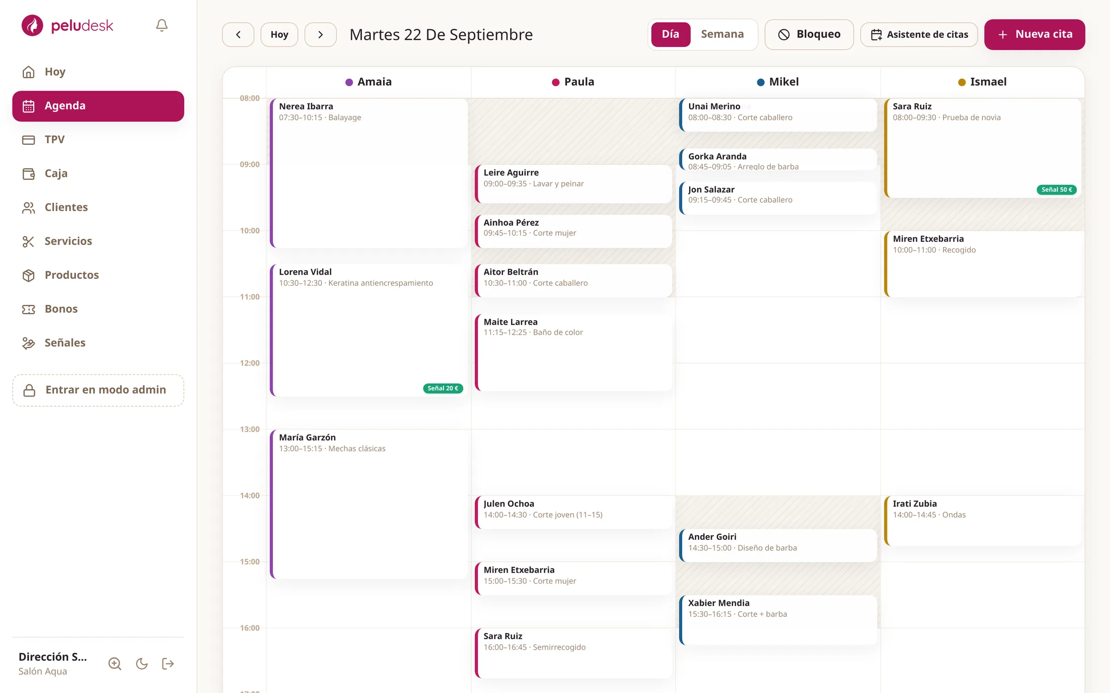 La agenda de un martes con cuatro profesionales.