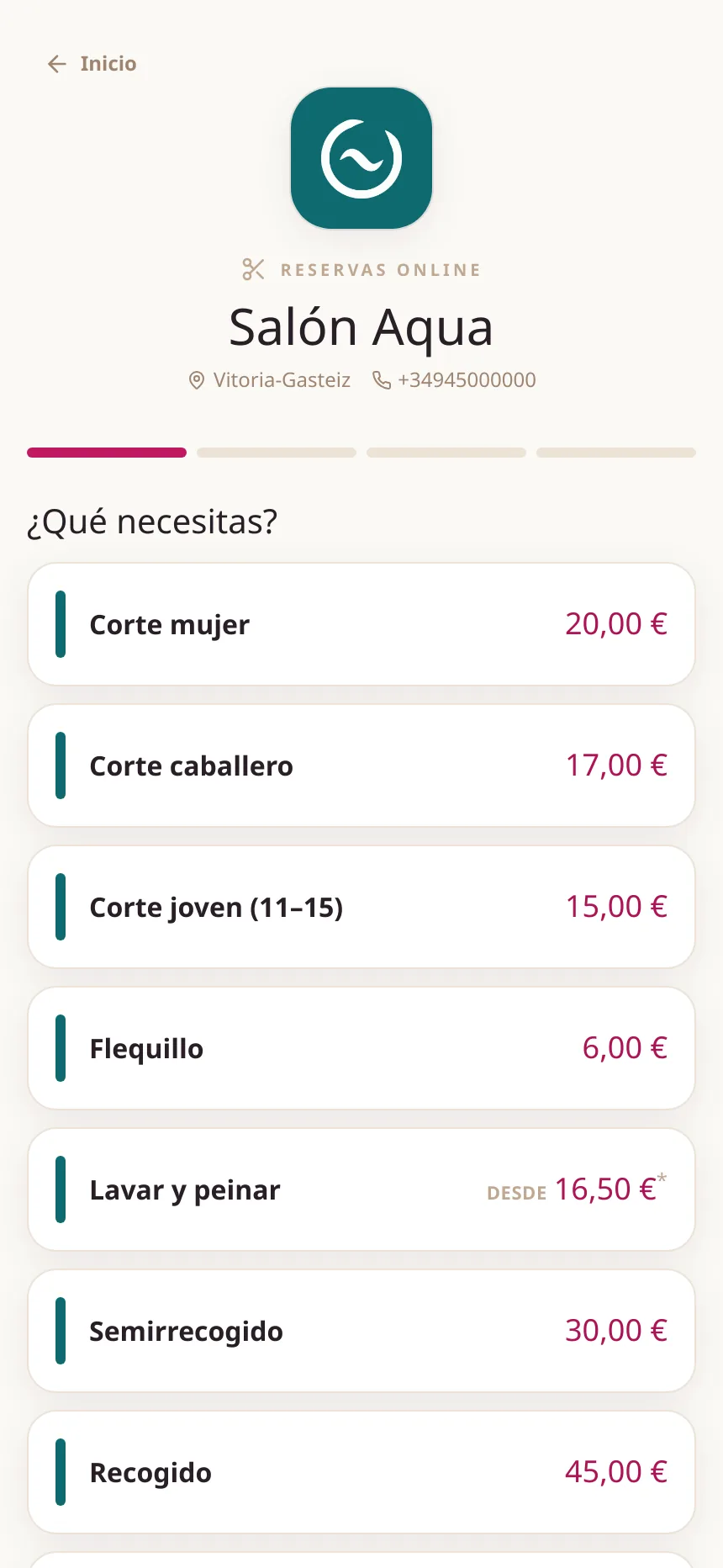 Elegir servicio en la reserva online.