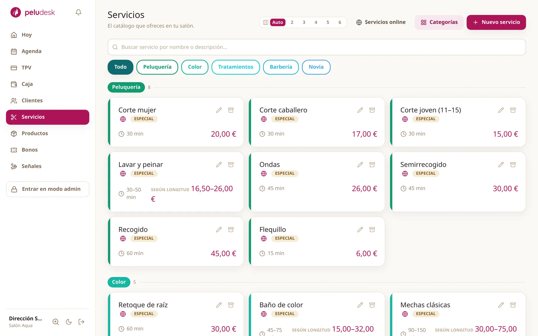 El catálogo de servicios, con sus categorías.