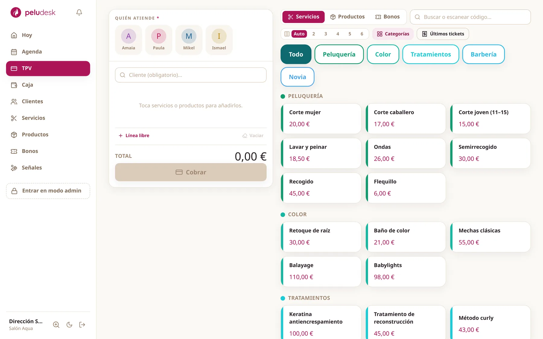 El TPV con los servicios por categorías.